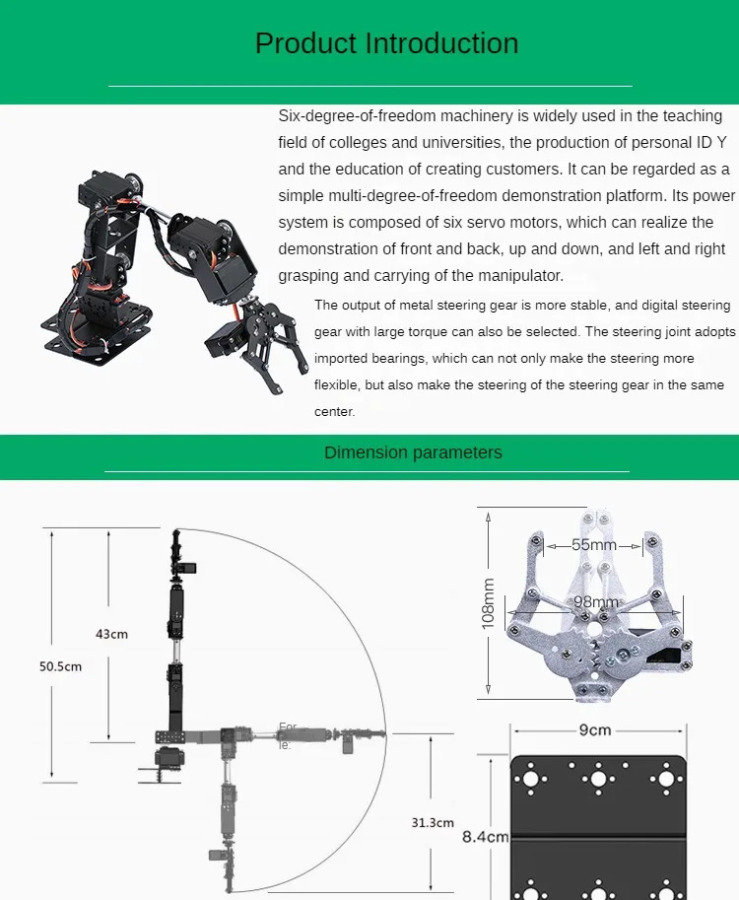 6DOF Robotik qoʻlni yigʻish toʻplami, Arduino uchun DIY dasturlashtiriladigan robot qoʻl, Raspberry Pi, UNO/ESP32, ochiq manba va qoʻllanma.