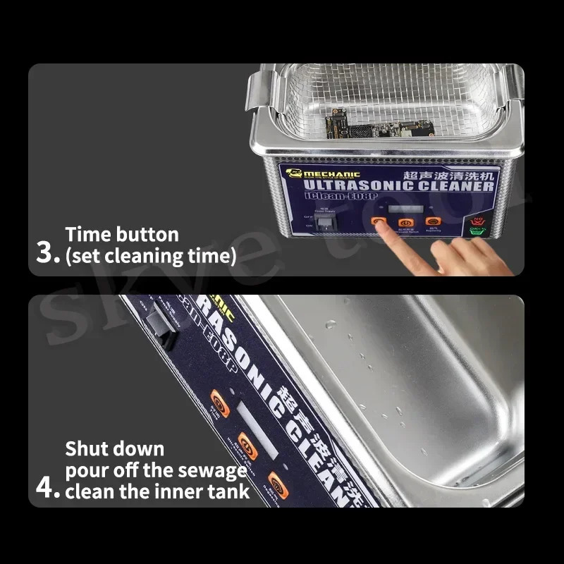 MECHANIC iClean-E08P ultratovushli tozalash vositasi 80 Vt yuqori chastotali koʻp funktsiyali tozalash chipi 800 ml ultratovushli tozalash vannasi