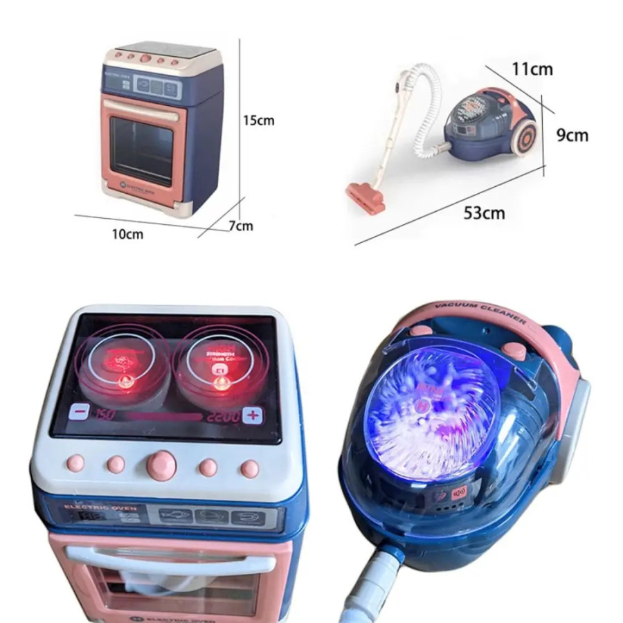 Oshxona uchun uy jihozlarining taqlid toʻplami: sharbat chiqargich, qahva mashinasi, changyutgich, mini elektr jihozlari