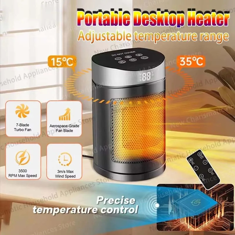Masofadan boshqariladigan taymerli uy uchun yangi 6-in-1 stol usti isitgichi 1500 Vt PTC keramik 2 soniyada ovozsiz energiyani tejaydi