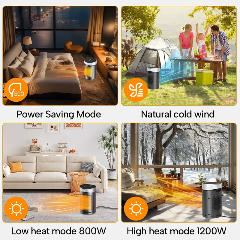 Masofadan boshqariladigan taymerli uy uchun yangi 6-in-1 stol usti isitgichi 1500 Vt PTC keramik 2 soniyada ovozsiz energiyani tejaydi