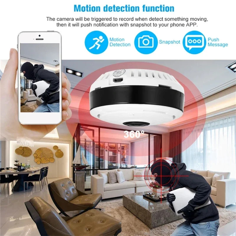 Миниатюрная Wi-Fi камера видеонаблюдения 360° °   IP-камеры с панорамным обзором и двусторонней голосовой связью, 3-мегапиксельные видеокамеры для видеонаблюдения и защиты дома