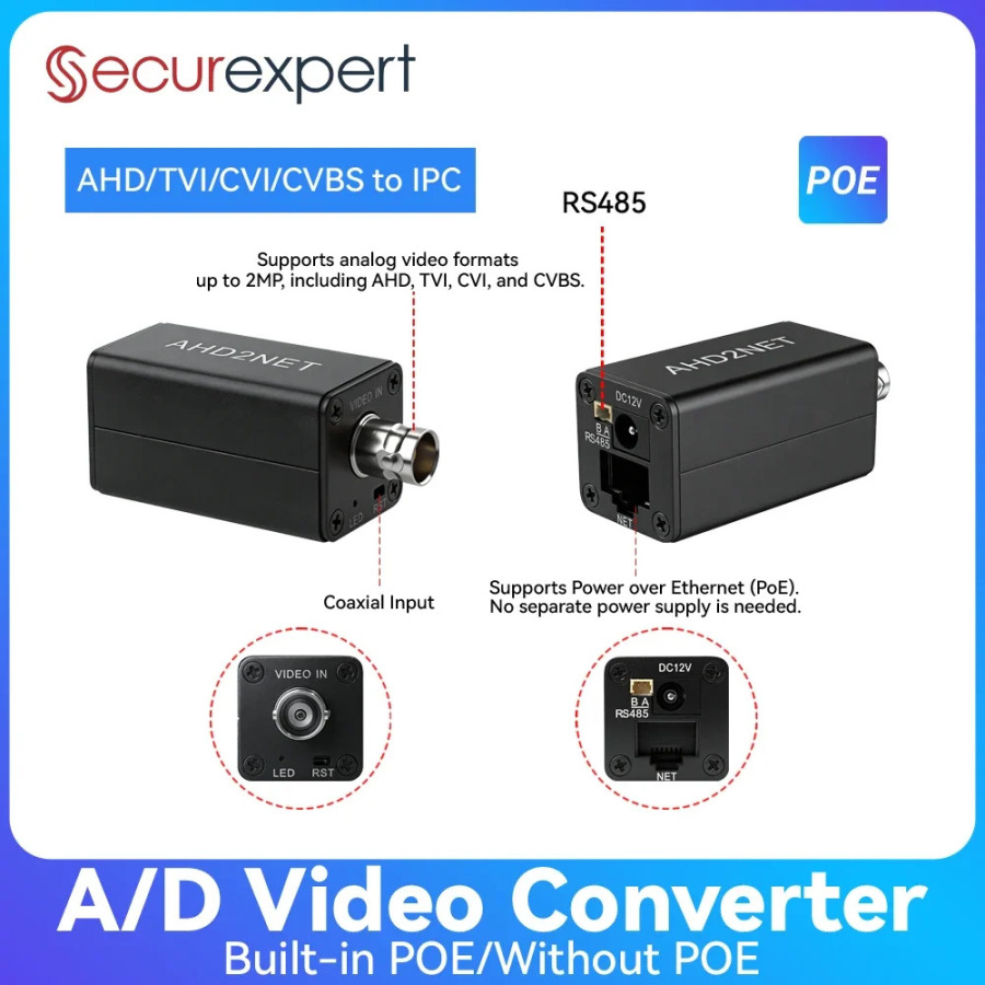 Конвертер CVBS/TVI/AHD/CVI в IP-камеру 1080P, ONVIF, RJ45, с поддержкой POE, видеокодер для подключения аналоговых систем видеонаблюдения к NVR-системам