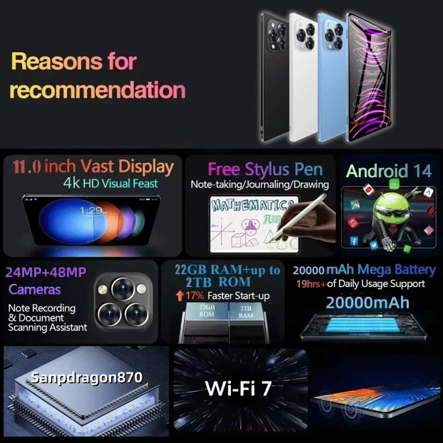 Yangi 2026 Android 14 Tablet 22GB+2TB 20000mAh Pad 15 Pro original planshet kompyuter 5G Dual SIM WiFi HD 4K Mi Tab