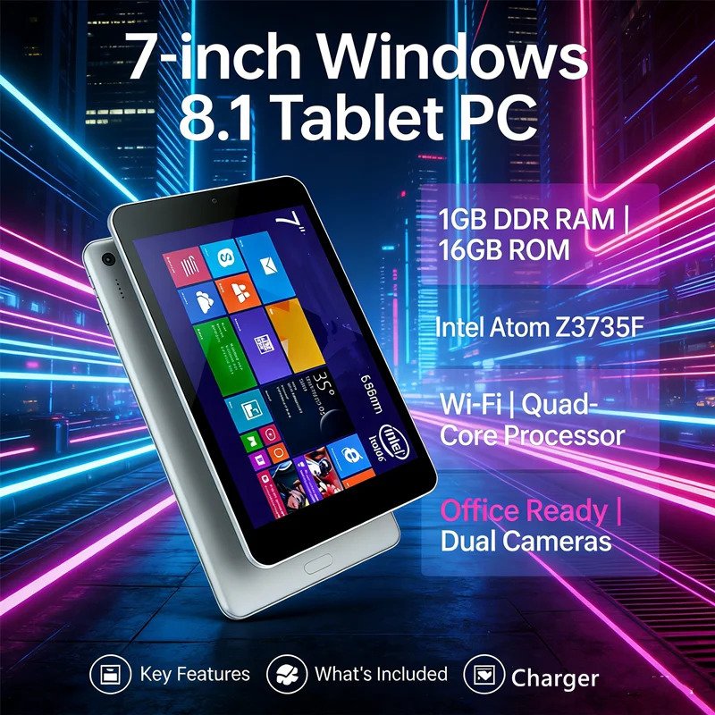 Планшетный ПК 7 дюймов, Windows 8.1, процессор Z3735F, 1 ГБ ОЗУ, 32-битная система, Wi-Fi, четырехъядерный, для офисной работы, с камерами