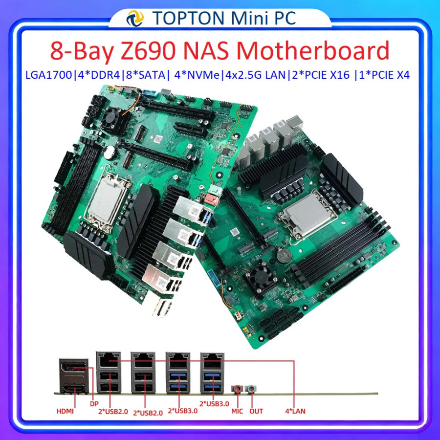Материнская плата Topton 8-Bay Z690 NAS M-ATX LGA1700 для процессоров Intel 12-14-го поколения, 4xDDR4, 8xSATA, 4xNVMe, 4x2.5G LAN, 3xPCIE, серверная плата для фаервола