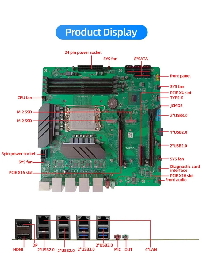 Материнская плата Topton 8-Bay Z690 NAS M-ATX LGA1700 для процессоров Intel 12-14-го поколения, 4xDDR4, 8xSATA, 4xNVMe, 4x2.5G LAN, 3xPCIE, серверная плата для фаервола