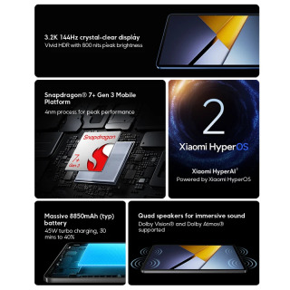 Планшет POCO Pad X1 11.2 дюйма, 3.2K, 144 Гц, дисплей с защитой зрения, Snapdragon 7 Gen 3, 8 ГБ ОЗУ, 512 ГБ памяти, 13 МП камера, быстрая зарядка 45 Вт, аккумулятор 8850 мАч