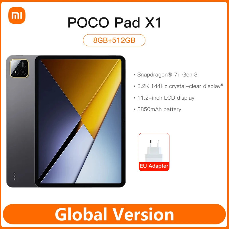 Планшет POCO Pad X1 11.2 дюйма, 3.2K, 144 Гц, дисплей с защитой зрения, Snapdragon 7 Gen 3, 8 ГБ ОЗУ, 512 ГБ памяти, 13 МП камера, быстрая зарядка 45 Вт, аккумулятор 8850 мАч