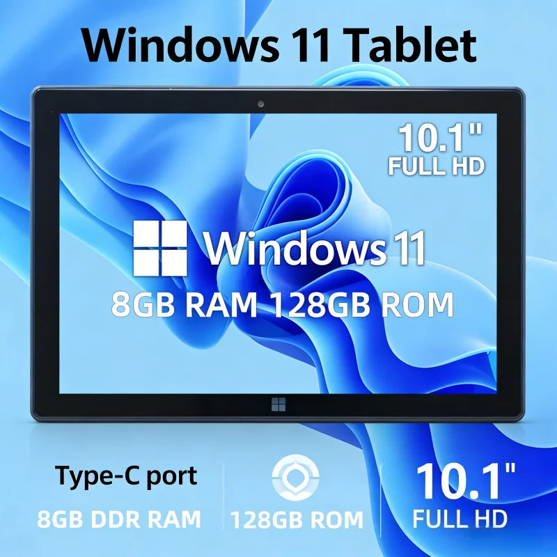 Новый планшетный ПК с Windows 11, 10.1 дюйма, Type-C, 4 ГБ DDR RAM, 64 ГБ ROM, 64-битный процессор Intel Atom N3350, Quad Core, двойная камера, 1920x1200 IPS, порт HD-MI.