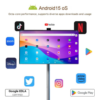 Aylanadigan portativ Smart TV 27 dyuymli universal planshet kompyuter, batareyali, gʻildiraklardagi interaktiv raqamli belgilar displey