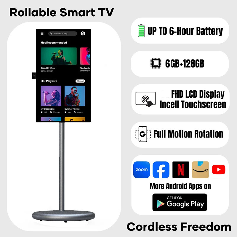 Aylanadigan portativ Smart TV 27 dyuymli universal planshet kompyuter, batareyali, gʻildiraklardagi interaktiv raqamli belgilar displey