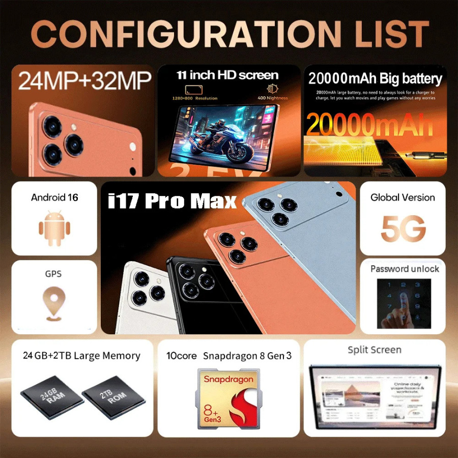 Original planshet kompyuter 2026 iPad 17 Pro Max 11 dyuymli 24GB+2TB 8gen3 Android 16 4K HD Wi-Fi qoʻngʻiroq funksiyasi global versiyali original mini kompyuter