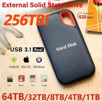 Portativ SSD tashqi qattiq disk 1TB yuqori tezlikdagi HDD 2TB 4TB 256TB USB3.1 Type-C qattiq holat drayveri noutbuk/telefon/MAC/kompyuter uchun