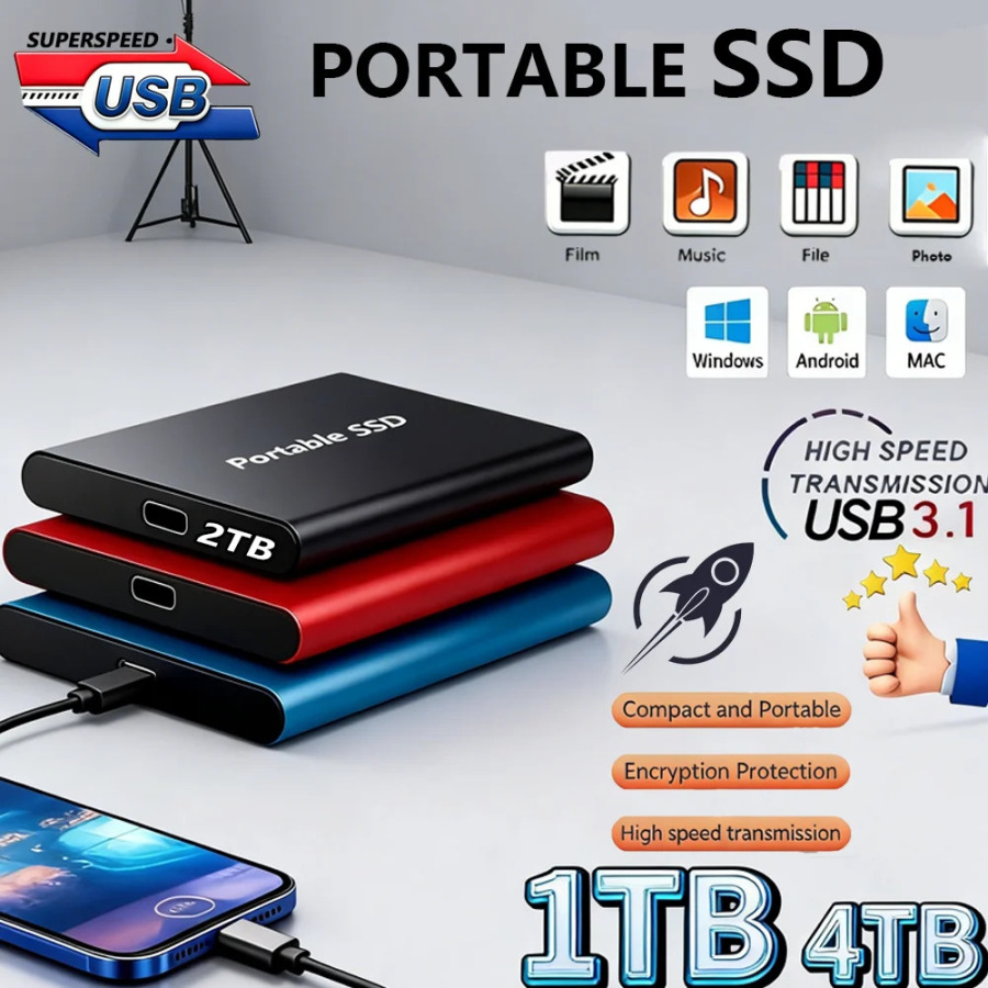 Внешний твердотельный накопитель 4 ТБ, портативный, USB-C, ударопрочный, для ежедневной работы в полевых условиях и хранения файлов