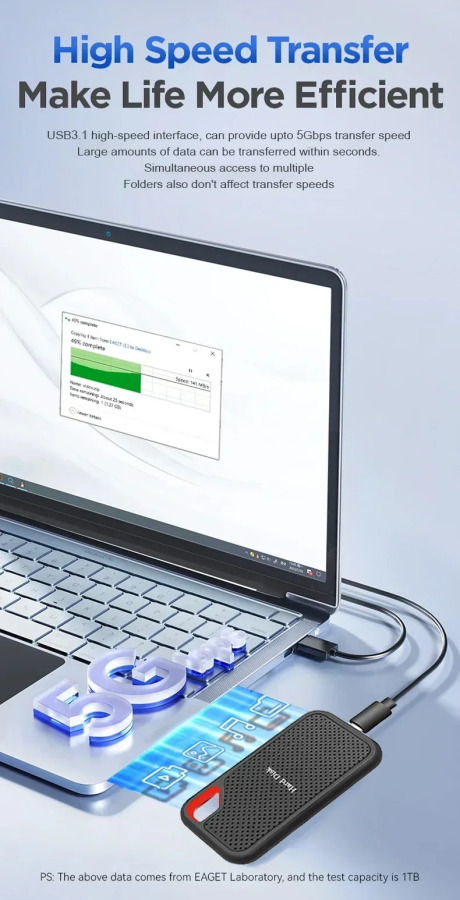 Koʻp funktsiyali portativ tashqi SSD, oson ishlash, tezkor maʻlumotlarni uzatish, tashqi qattiq disk, turli xil qurilmalar uchun keng qoʻllaniladi.