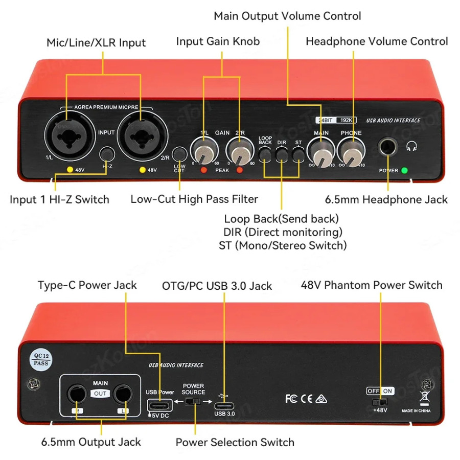 Kompyuterda yozib olish uchun AMIXSQ22 audio interfeysi bepul USB diskli tashqi ovoz kartasi PC Pro audio uskunasi uchun professional video