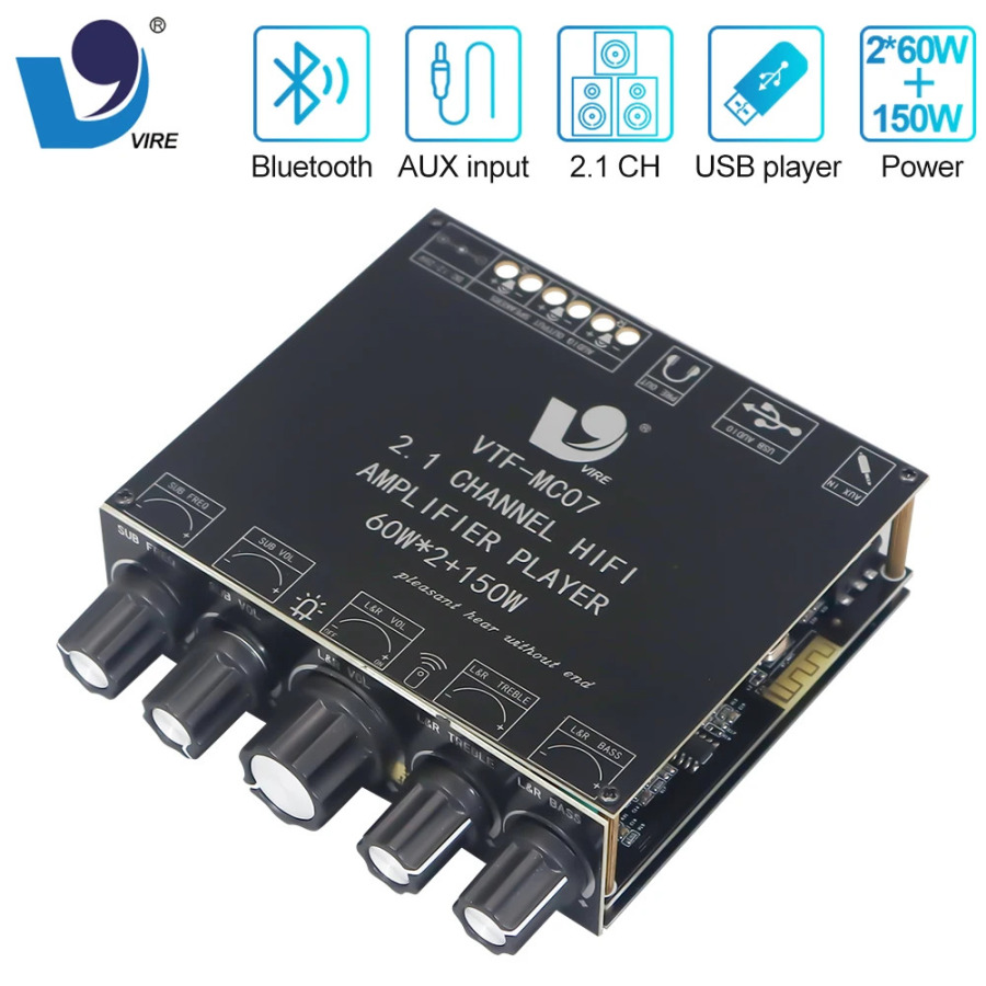 VIRE 2*60 Вт + 150 Вт сабвуфер Bluetooth 5,3 плата усилителя мощности USB звуковая карта 2,1-канальный аудиоэквалайзер модуль усилителя класса D