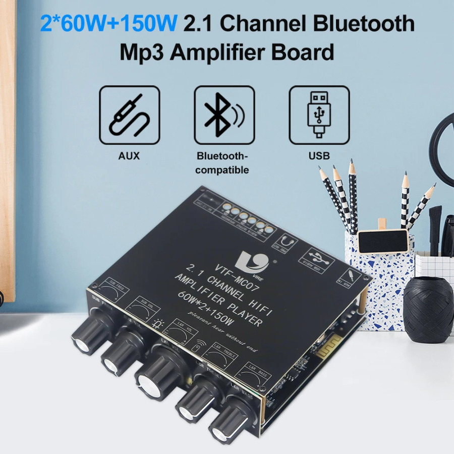 VIRE 2*60 Вт + 150 Вт сабвуфер Bluetooth 5,3 плата усилителя мощности USB звуковая карта 2,1-канальный аудиоэквалайзер модуль усилителя класса D