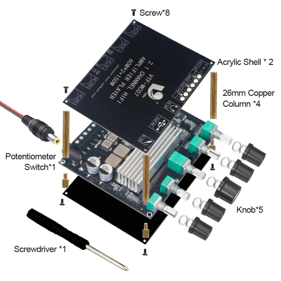 VIRE 2*60 Вт + 150 Вт сабвуфер Bluetooth 5,3 плата усилителя мощности USB звуковая карта 2,1-канальный аудиоэквалайзер модуль усилителя класса D