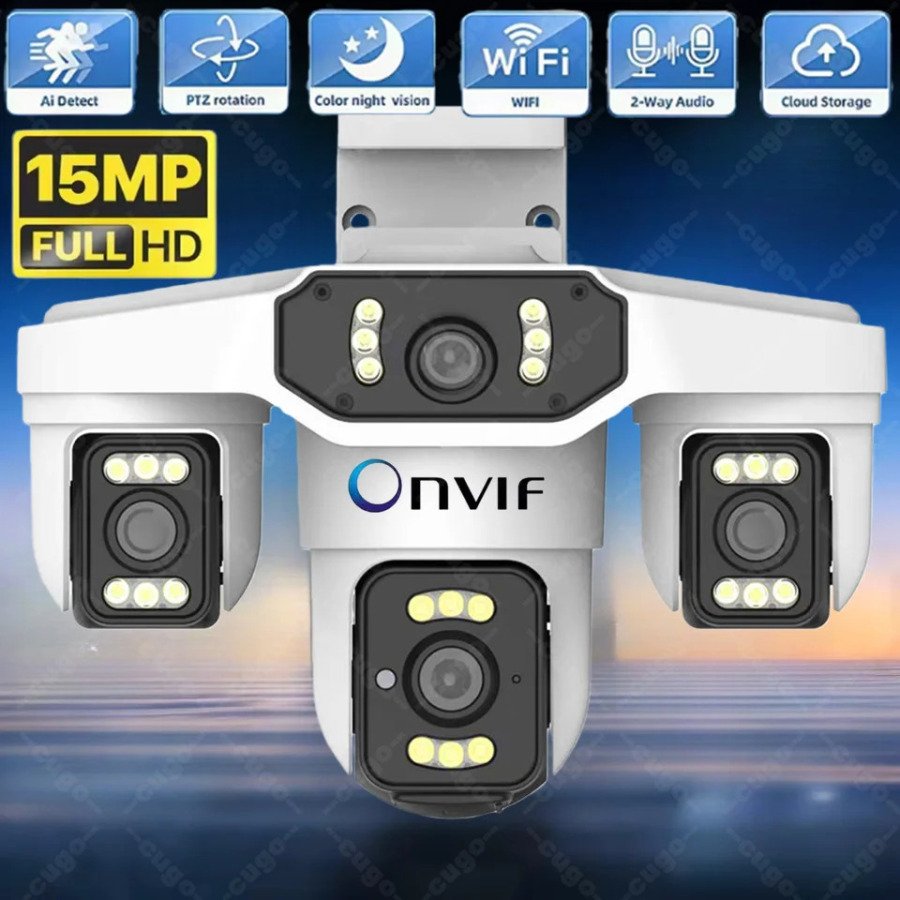 8K 15MP WiFi CCTV kamerasi Uch ekranli tashqi toʻrtta linzali AI insonni aniqlash uchun suv oʻtkazmaydigan IP xavfsizlik kamerasi Onvif Yoosee