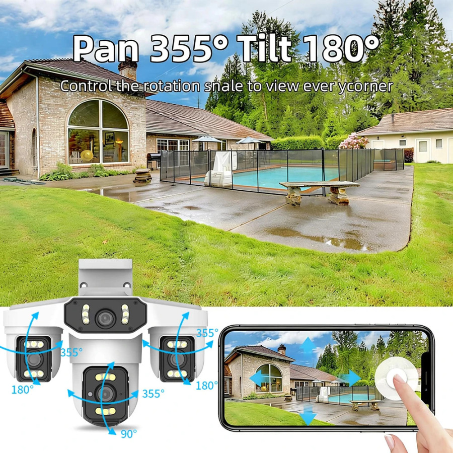 8K 15MP WiFi CCTV kamerasi Uch ekranli tashqi toʻrtta linzali AI insonni aniqlash uchun suv oʻtkazmaydigan IP xavfsizlik kamerasi Onvif Yoosee