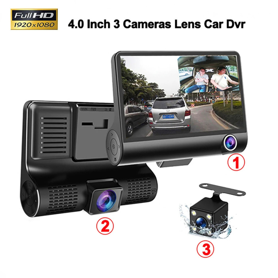 3 kamerali va 1080 dyuymli linzali HD DVR ikki linzali DVR P DVR qora korpusli DVR aylanali oynali avtomobil DVR