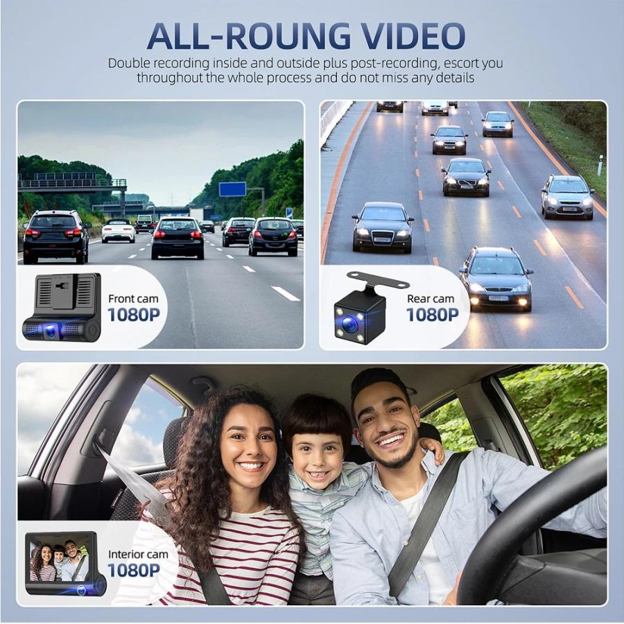 3 kamerali va 1080 dyuymli linzali HD DVR ikki linzali DVR P DVR qora korpusli DVR aylanali oynali avtomobil DVR