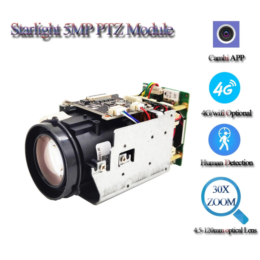 SIM kartali 5MP H.265 3G 4G PTZ kamera, 30x optik masshtab, modulli plata, Pelco-D/P RS485, TF karta uyasi, audio va Camhi/Camhipro qoʻllab-quvvatlashi