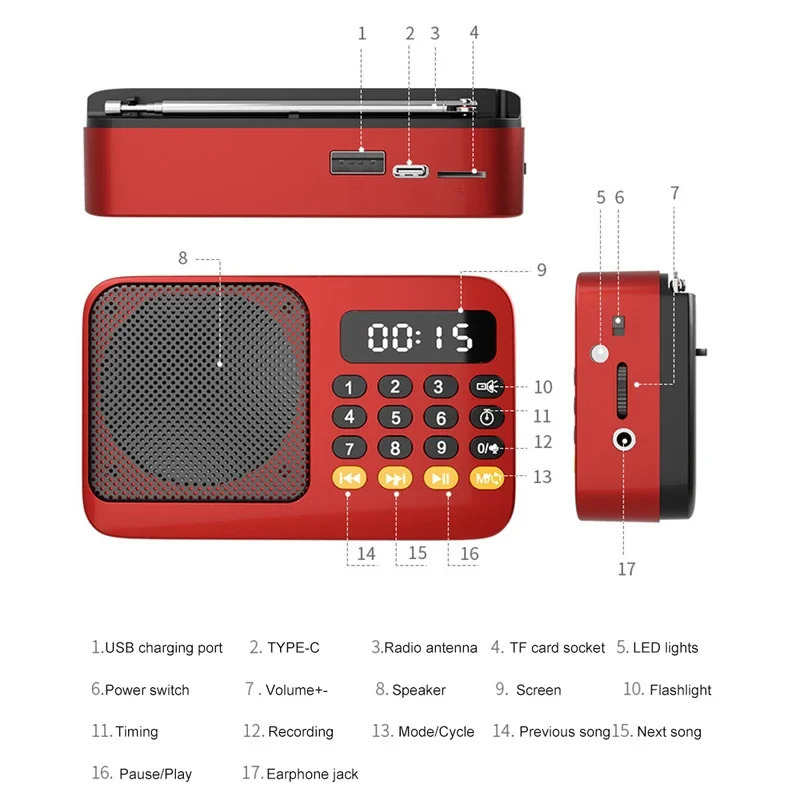 Портативный FM-радиоприемник С LED-дисплеем, USB, TF, MP3-плеером, Встроенным Динамиком, Фонариком, Перезаряжаемый