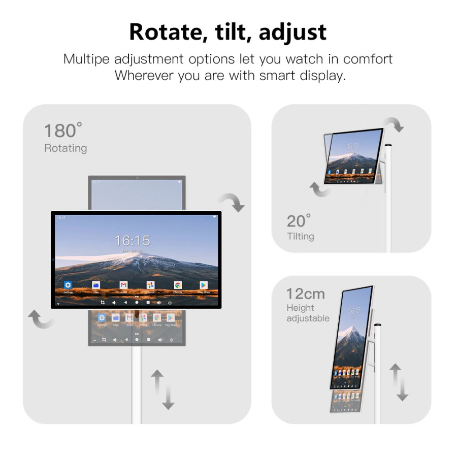 Портативный ЖК-телевизор 24 дюйма FHD IPS с сенсорным экраном, Smart TV на Android 12, мини-телевизор с Wi-Fi и USB-портом, на колесиках