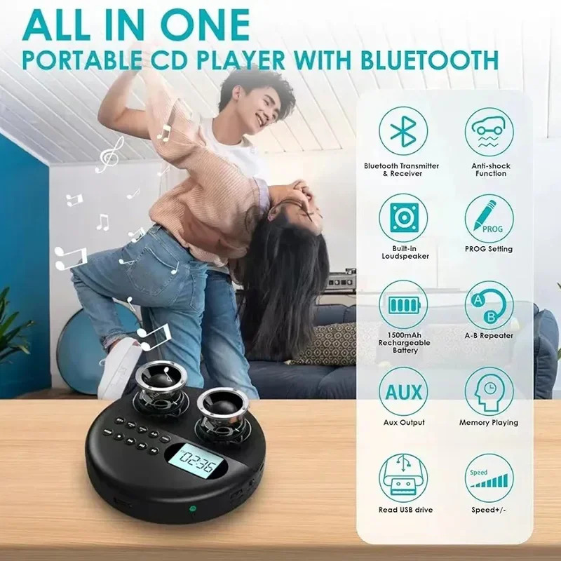 Портативный CD-плеер, двусторонний Bluetooth 5,0, встроенный динамик, HIFI CD, музыка, Walkman ASP, перезаряжаемый USB, воспроизведение без потерь