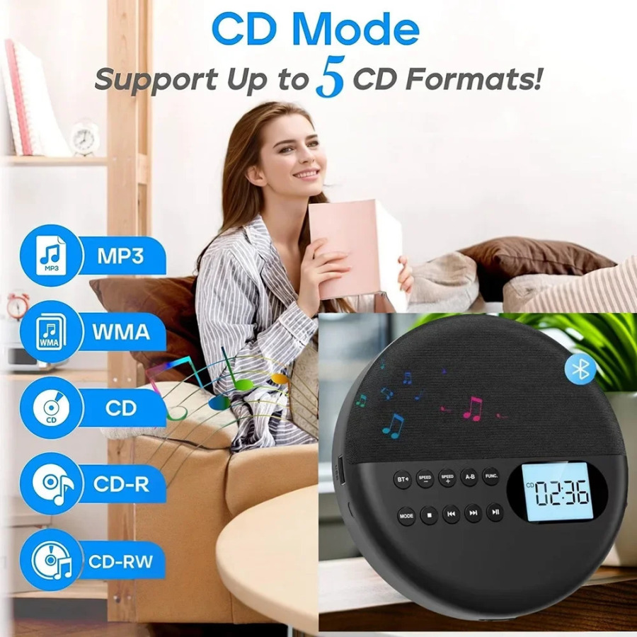Портативный CD-плеер, двусторонний Bluetooth 5,0, встроенный динамик, HIFI CD, музыка, Walkman ASP, перезаряжаемый USB, воспроизведение без потерь