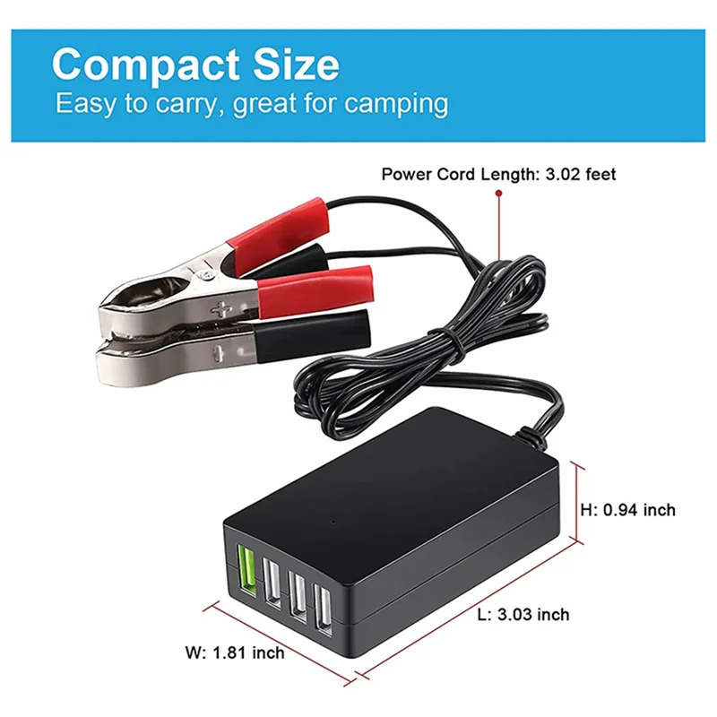 12V/24V dan 5V gacha 4-portli USB zaryadlovchi koʻp portli adapterli batareya qisqichi bilan portativ doimiy toʻgʻridan-toʻgʻri boshqa smartfonlar va planshetlar