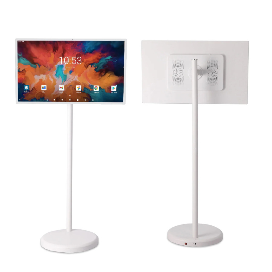 Mahalliy Portativ Smart televizorlar 21,5/23,8/27/32 dyuymli Android LED LCD displey Oʻrnatilgan batareyali kamera Sensorli ekranli gʻildiraklar Oq