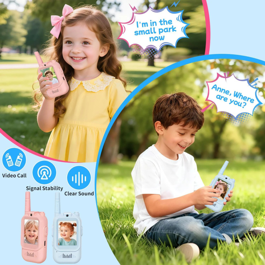 Bolalar uchun video Walkie Talkies 2 toʻplami qayta zaryadlanuvchi interkom Walkie Talkie yoqimli 2 dyuymli ekran bir marta bosish orqali qoʻngʻiroq bolalar uchun video interkom