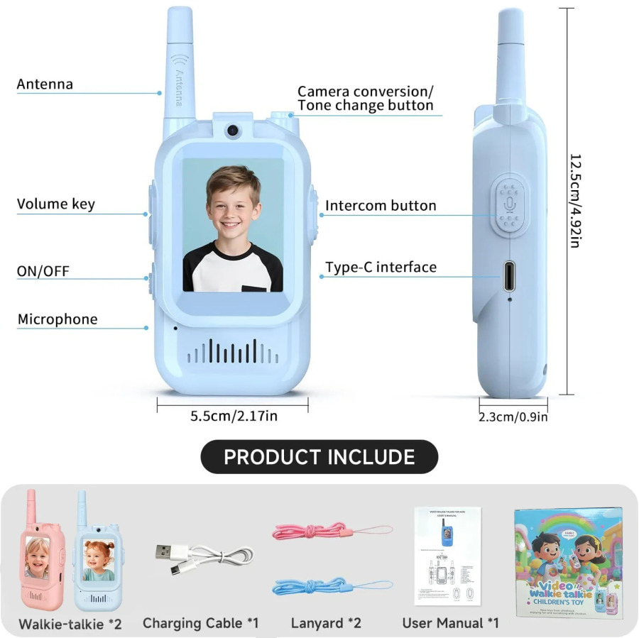 Bolalar uchun video Walkie Talkies 2 toʻplami qayta zaryadlanuvchi interkom Walkie Talkie yoqimli 2 dyuymli ekran bir marta bosish orqali qoʻngʻiroq bolalar uchun video interkom