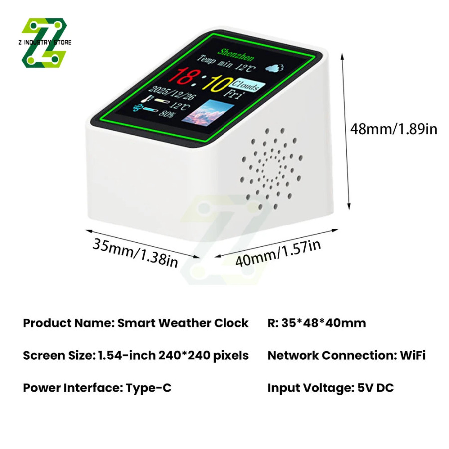 Smart Wi-Fi elektron soati - ob-havo stantsiyasi 1,54 dyuymli 240x240 Type-C maxsus GIF rasmlarni, ob-havo, harorat, namlik, sana, joylashuv, haftaning kunini koʻrsatadi