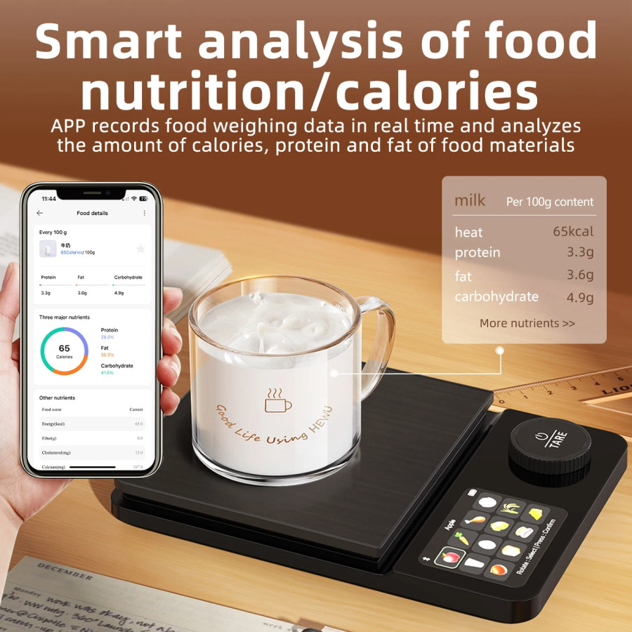 Smart raqamli oshxona elektron tarozilari, sigʻimi 5 kg, aniqligi 0,1 g, TFT displey, APP oziqlanish tahlili bilan qayta zaryadlanuvchi