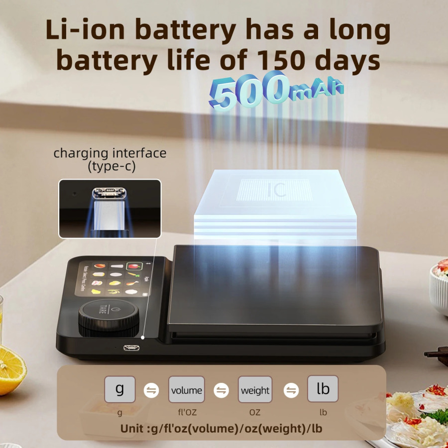 Smart raqamli oshxona elektron tarozilari, sigʻimi 5 kg, aniqligi 0,1 g, TFT displey, APP oziqlanish tahlili bilan qayta zaryadlanuvchi