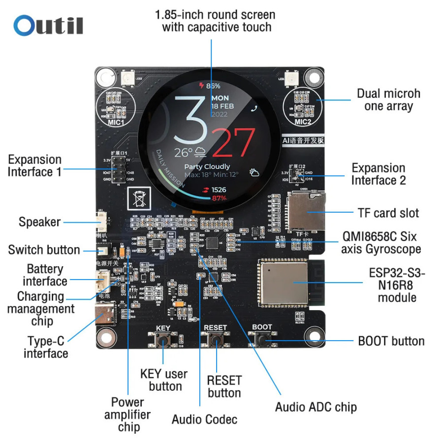 AIoT va Smart Home uchun 1,85 dyuymli LCD sensorli ekran, Wi-Fi, Bluetooth va ovozli boshqaruvga ega ESP32-S3 aqlli qurilmalarni ishlab chiqish platasi