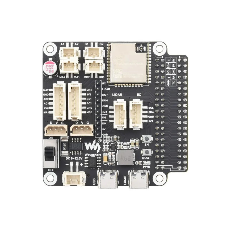 ESP32 asosidagi robotning asosiy drayver kartasi Wi-Fi, Bluetooth va standart aloqani qoʻllab-quvvatlaydi, Raspberry Pi bilan mos keladi.