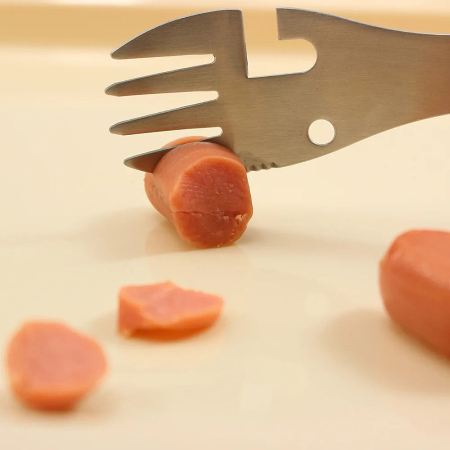 Ochiq havoda omon qolish vositalari 5 in 1 koʻp funktsiyali lager EDC toʻplami amaliy vilkalar pichoq qoshiq shisha / banka ochuvchi