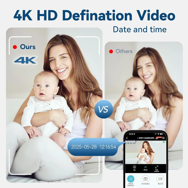 Xavfsizlik kamerasi 4K Mini WiFi monitori Wi-Fi masofadan harakatlanishni aniqlash kuzatuvi Xavfsizlikni himoya qilish ichki makon kuzatuvi