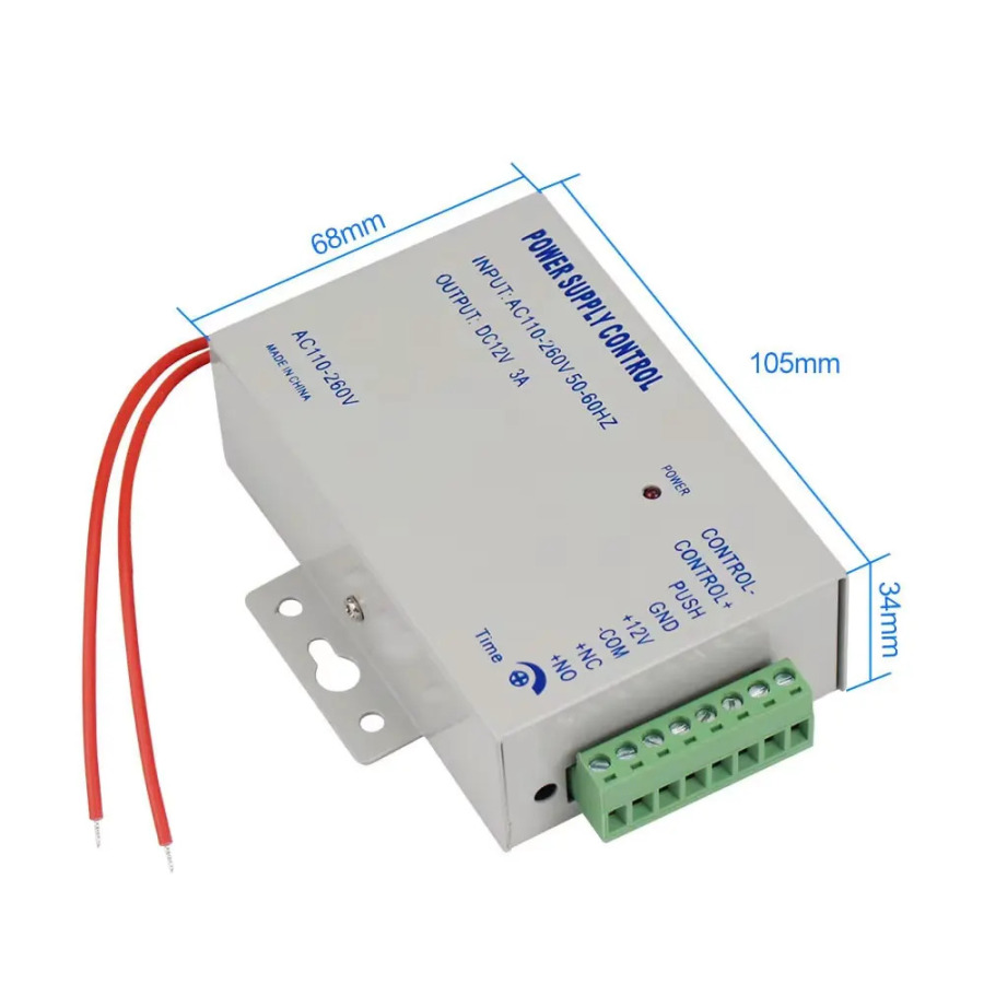 Kirishni boshqarish tizimlari uchun quvvat manbai DC 12V 3A, kirish 110 ~ 240V, NO/NC bloklari, elektr qulflar, magnit qulflar uchun.