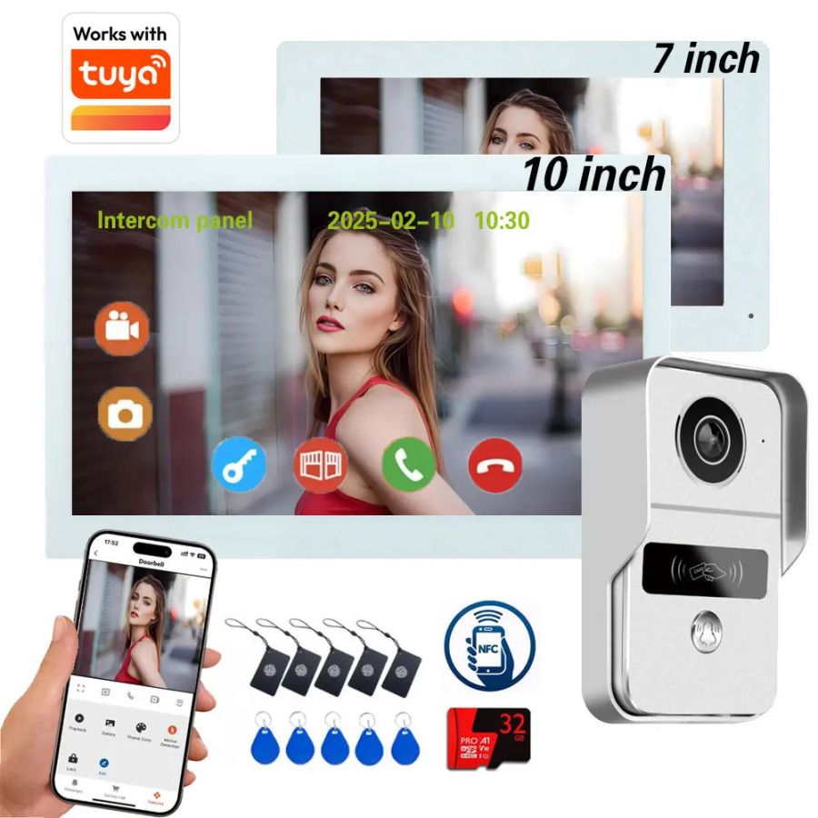2 simli raqamli video interkom tizimi 7/10 dyuymli 1080P WIFI video interkom Tuya uy kvartirasi uchun aqlli WIFI eshik qoʻngʻirogʻi kamerasi