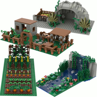 Ijodiy qurilish bloklari toʻplami: togʻ, sharshara, tosh hovuz, qovoq bilan landshaft modeli. Qishloq xoʻjaligida gullar va oʻsimliklar ekish.