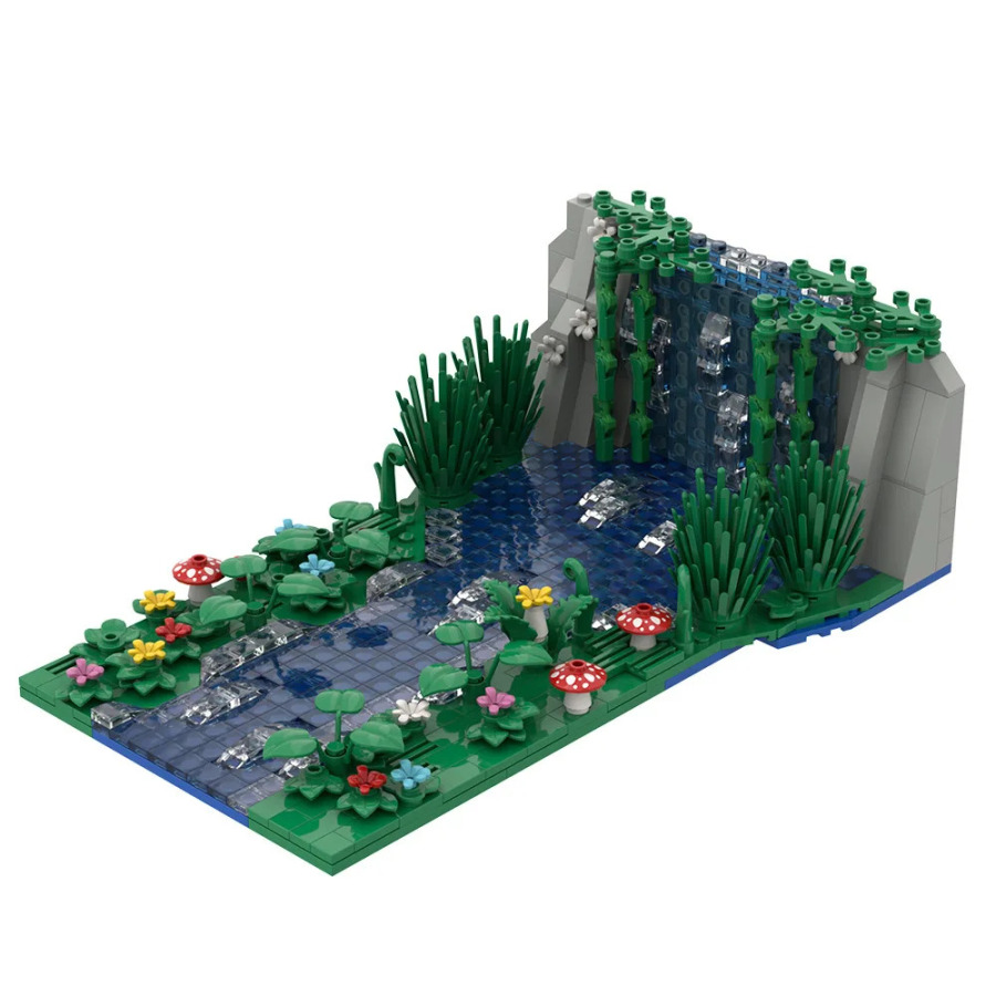 Ijodiy qurilish bloklari toʻplami: togʻ, sharshara, tosh hovuz, qovoq bilan landshaft modeli. Qishloq xoʻjaligida gullar va oʻsimliklar ekish.