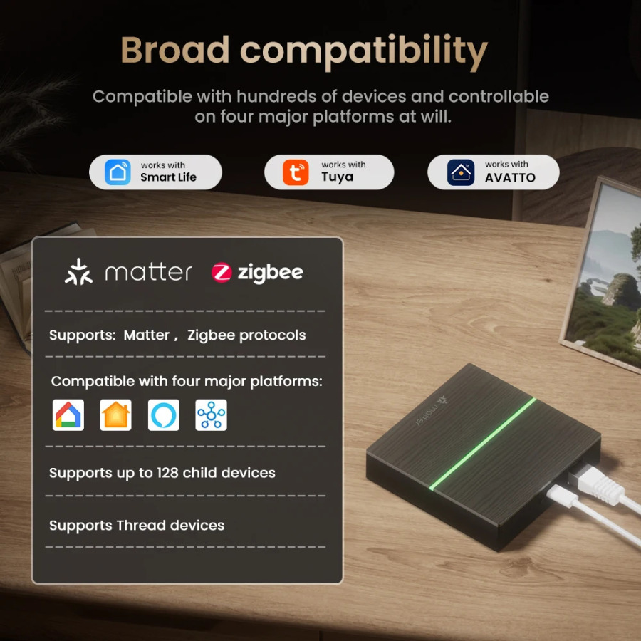 AVATTO Matter Smart Gateway Hub ZigBee: Simli Smart Home Bridge Controller Tuya, HomeKit, Google Home, Alexa bilan mos keladi.