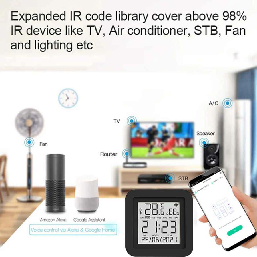 Tuya Wi-Fi Smart IR с датчиком температуры и влажности и дисплеем даты для кондиционера, телевизора, работает с Alexa, Google Home